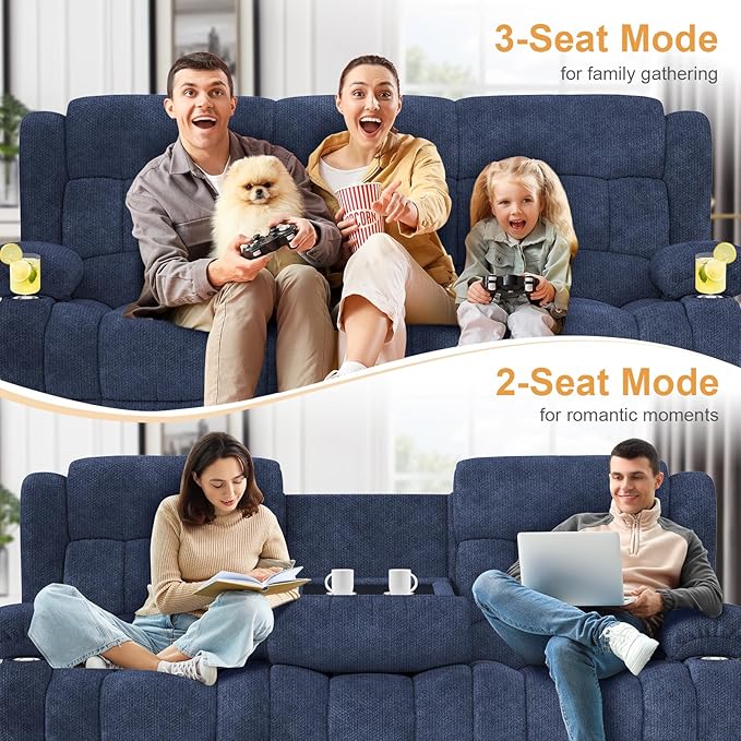 Loveseat Recliner Sofa Set, Flip Middle Backrest Design 3 Seater Reclining Sofa and 2PC Single Oversized Recliner Chair, Manual Couches for Living Room/RV (Blue, 3+1+1)