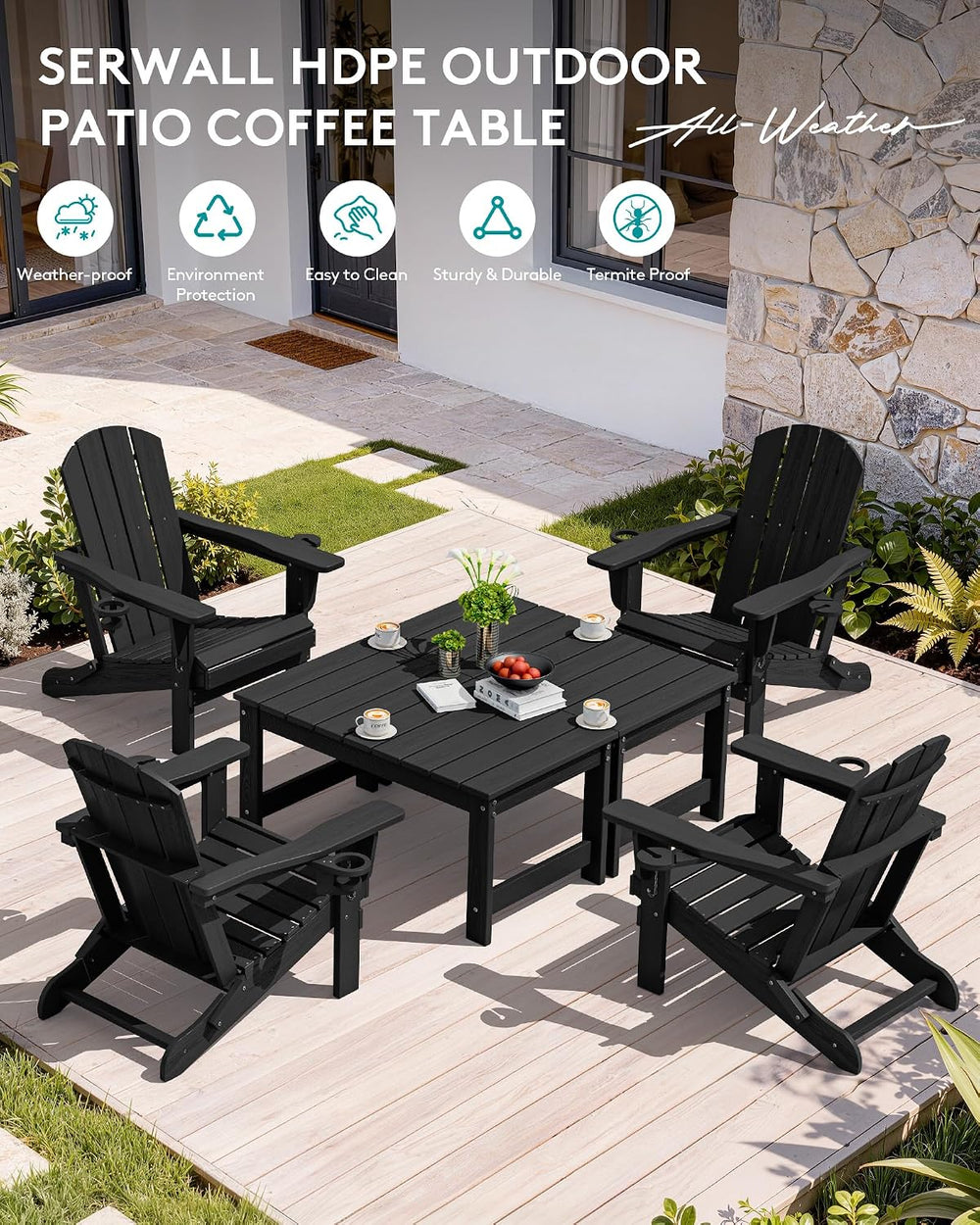 SERWALL HDPE Outdoor Coffee Table with Umbrella Hole, Black
