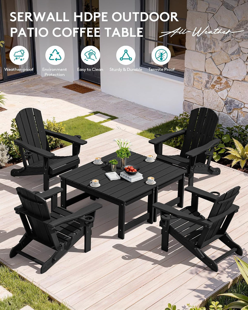 SERWALL HDPE Outdoor Coffee Table with Umbrella Hole, Black
