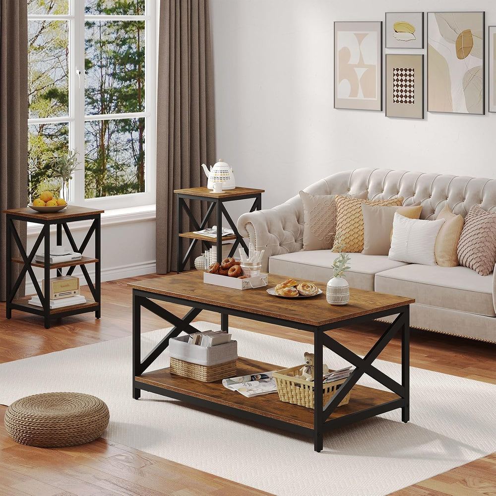 Bigbiglife Living Room Coffee Table Set of 3, Industrial X-Design Coffee Tabl...