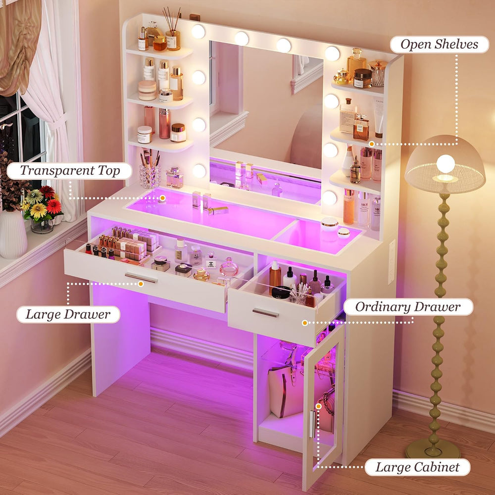 ALEXNUTRE Vanity Desk, Makeup Vanity Desk with Mirror and Lights 3 Colors, Tr...