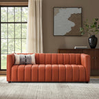 HULALA HOME 83" Genuine Leather Sofa with Channel Tufted Design, Brick | Modern 3-Seater Couch with Wood Legs, Supportive Seating, Easy Assembly, for Living Room Bedroom Apartment