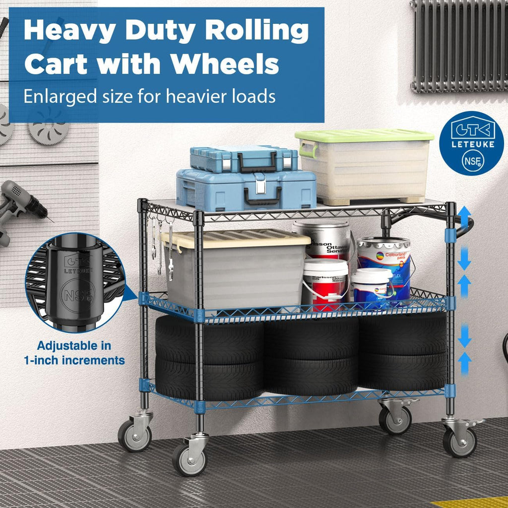 Leteuke 1120LBS Heavy Duty Rolling Utility Cart,3 Tier Rolling Carts with Wheels,NSF Commercial Grade with Handle Bar & Shelf Liners,45"x25"x39" Storage Cart for Kitchen,Restaurant,Plant Display,Black