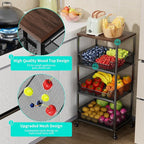 HapiRm Fruit Basket Kitchen Cart - 4-Tier Rolling Storage Cart with Wheels, Fruit Vegetable Basket with Wood Top, Pantry Utility Kitchen Organizer for Fruit Potato Onion Vegetable Bread Snack