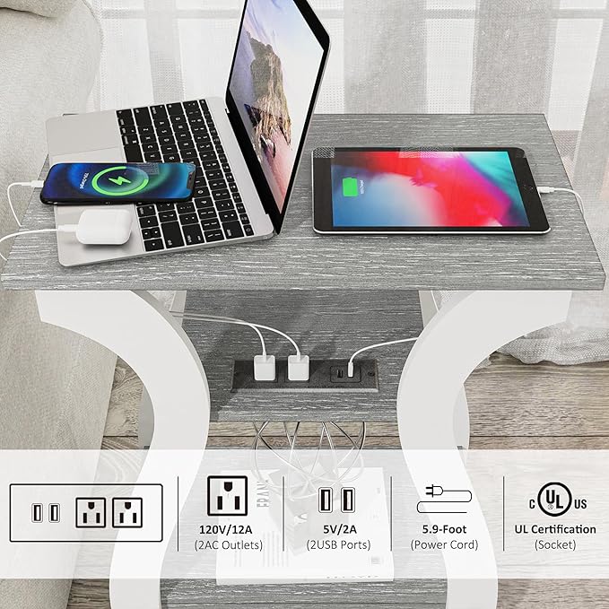 End Tables Living Room, Grey End Table with Charging Station, Grey Side Table...