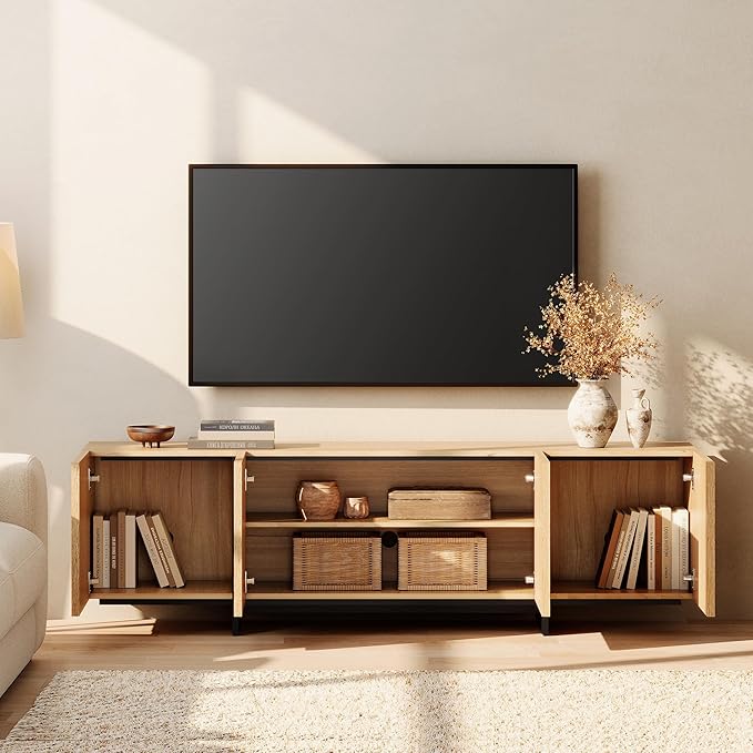 WAMPAT Modern TV Stand for 32-110 inch TVs, Wood Entertainment Center with Storage Cabinets, Media TV Console Table for Living Room, Oak