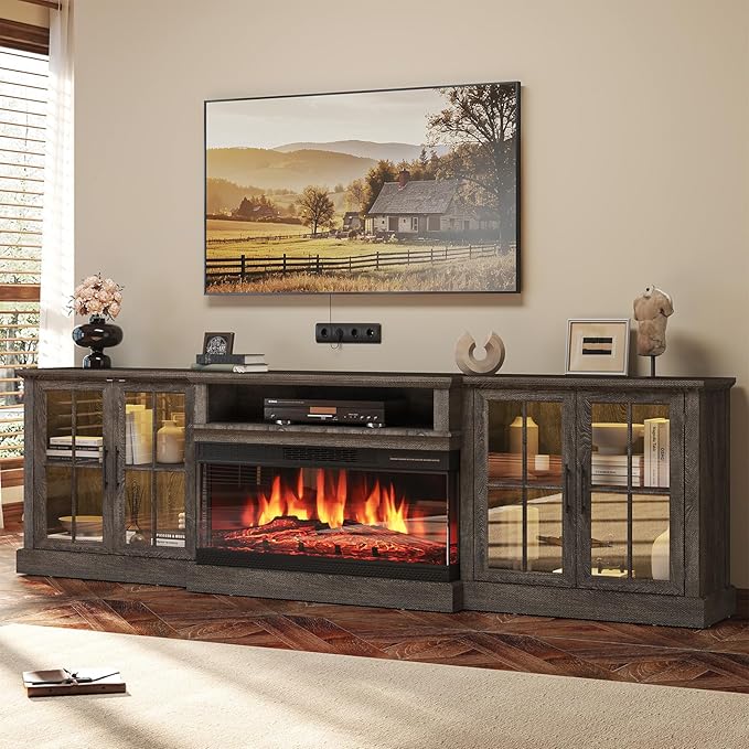 98" Farmhouse TV Stand with 36" Fireplace for TVs up to 100", Media Entertainment Center with Adjustable Shelves and Large Storage Cabinets, for Living Room, Gray & Black