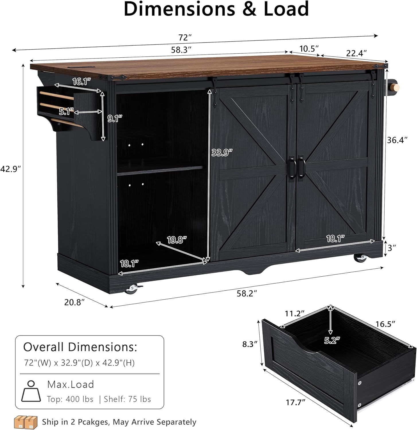 Polibi 72" Farmhouse Kitchen Island Table with with Mini Fridge Storage Space & Power Outlet, Rolling Coffee Bar Cabinet on Wheels with Drop Leaf, 4 Drawers, Sliding Barn Door, Glass Holder, White