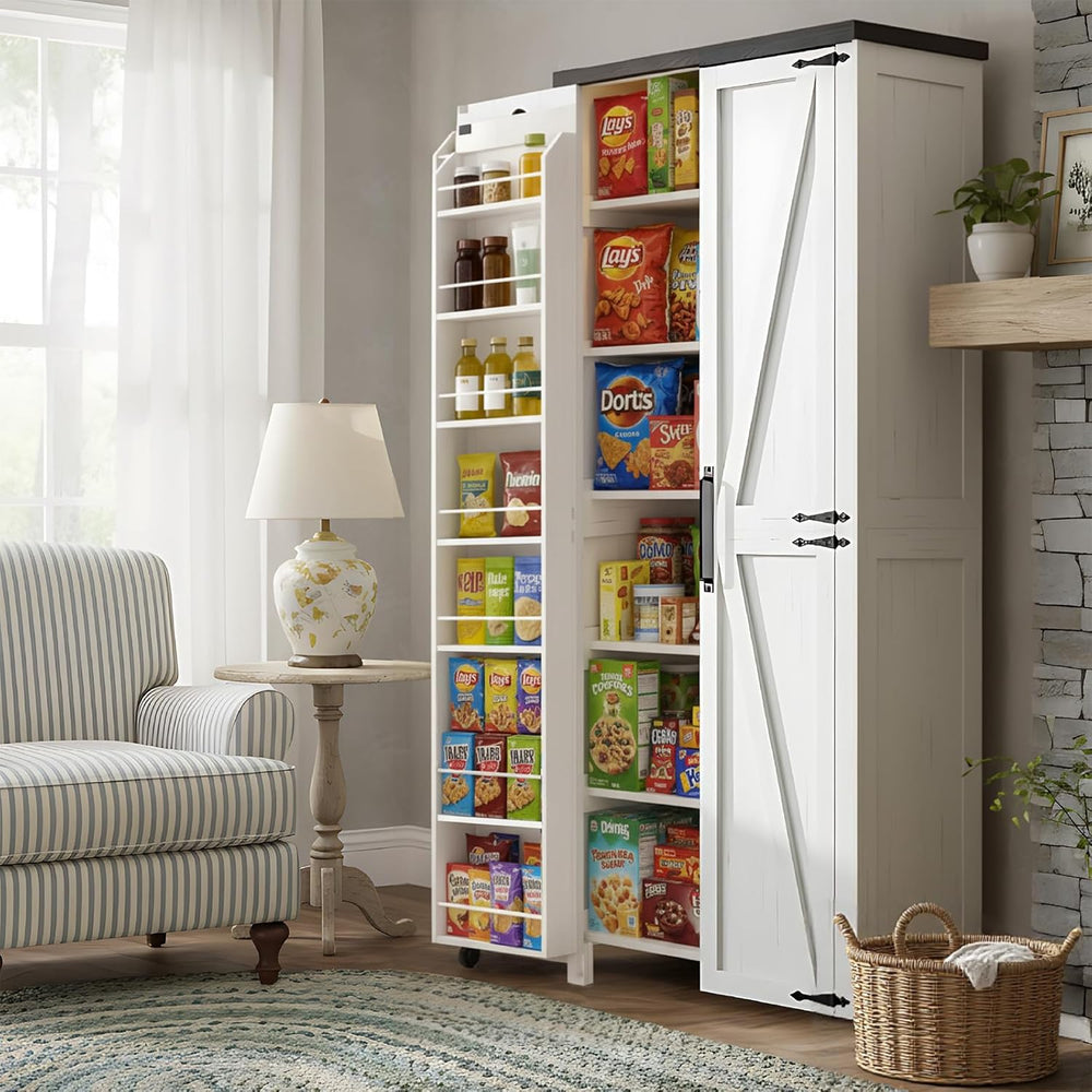 Food Pantry Storage Cabinet with Led Light, 71" Tall Farmhouse Kitchen P...