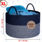 MINTWOOD Design Extra Large 22 x 14in Decorative Woven Cotton Rope Blanket Storage Basket Bin Living Room with Long Handles, Laundry Hamper for Pillows, Pool Towels, Dog Toys, Shoes, Navy Blue