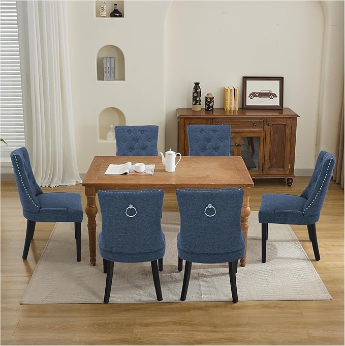 Upholstered Tufted Dining Chairs Set of 6, Fabric Side Dining Room Chairs with Nailhead Back Ring Pull Trim Solid Wood Legs, Dark Blue