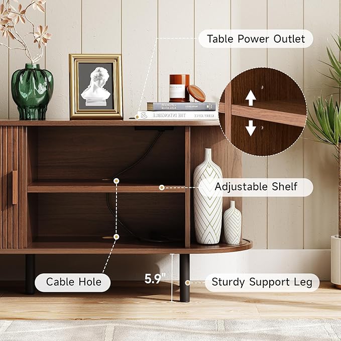 ONBRILL 70.8" TV Stand with Power Outlet for TVs up to 75 Inch, Entertainment Center with Storage and Adjustable Shelves, Modern Media Console with Sliding Doors for Living Room, Walnut