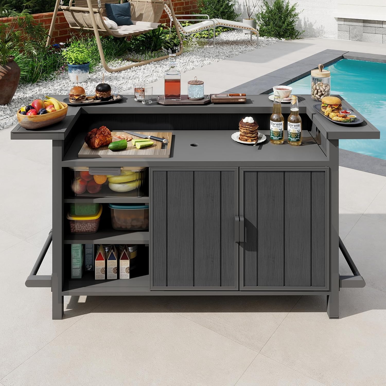 Domi Patio Bar Table, Outdoor Aluminum Bar Height Table with Cabinet, All Weather Use Storage Patio Cart for Patio Kitchen or Bar Cart, Black Grey