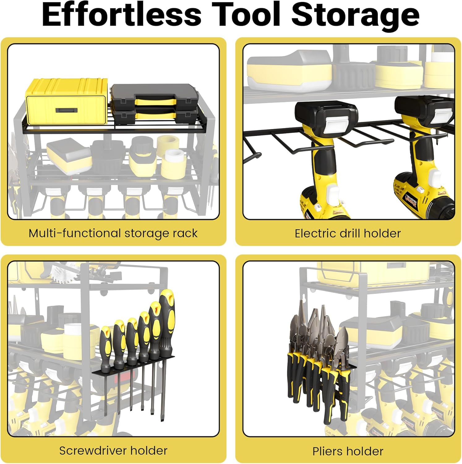 Power Tool Organizer Wall Mount, 3-Tier Heavy Duty Metal Rack Loads 180lbs with 4 Drill Holders and Side Hooks, Tool Battery Utility Rack Suitable Garage﻿