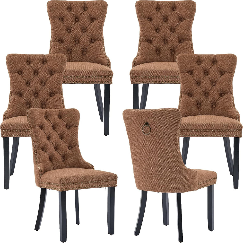 Linen Upholstered Dining Chairs Set of 6, Espresso Brown Mid Century Modern D...