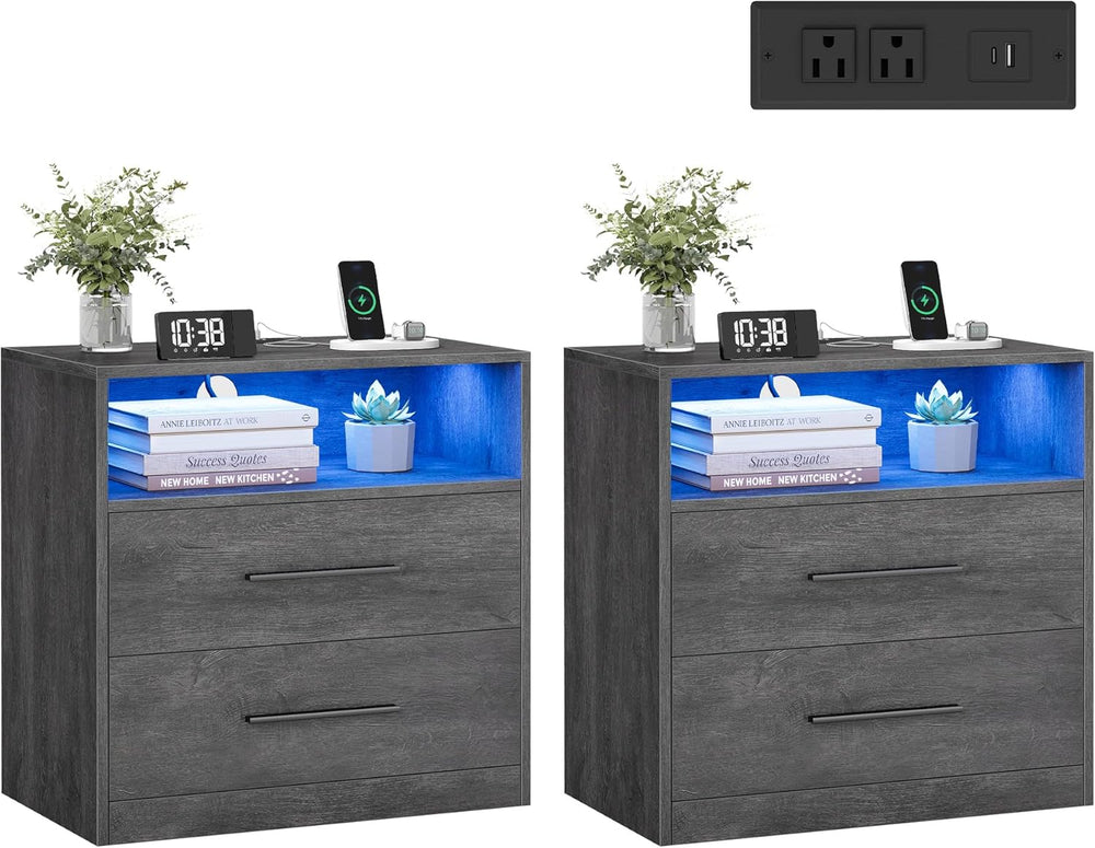 VASAGLE 23.6‑Inch Wide Nightstands, Set of 2, LED Lights, 2 Drawers