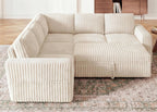 HONBAY Modular Sectional Sleeper Sofa with Pull Out Bed,Corduroy L Shaped Couch with Storage, Sectional Couches for Living Room,Beige