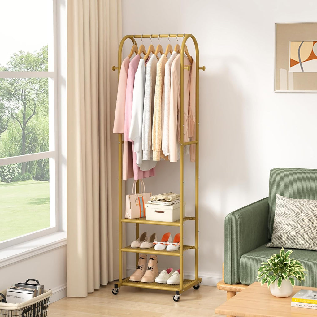 Heavy Duty Clothing Rack with Wheels,Modern Garment Rack with 3 Metal Shelves, 71.8Inches Display Rack for Hanging Clothes, Hanging Rod for Small Space,Gold