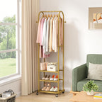 Heavy Duty Clothing Rack with Wheels,Modern Garment Rack with 3 Metal Shelves, 71.8Inches Display Rack for Hanging Clothes, Hanging Rod for Small Space,Gold