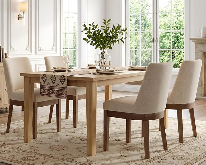 HNY Modern Dining Chairs Set of 2 with Comfortable Back Support, Farmhouse Soft Linen Upholstered Kitchen Dining Room Chairs with Solid Wood Legs, Armless Accent Side Chairs for Living Room, Beige