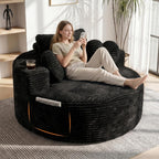 56''Oversized Round Chair Lounge Chaise Indoor with Cup Holders & Side Pocket, Corduroy Cloud Circle Single Boneless Deep Seat Chair, Modern Comfy Floor Sofa with Heart Pillows for Living Room,Bedroom