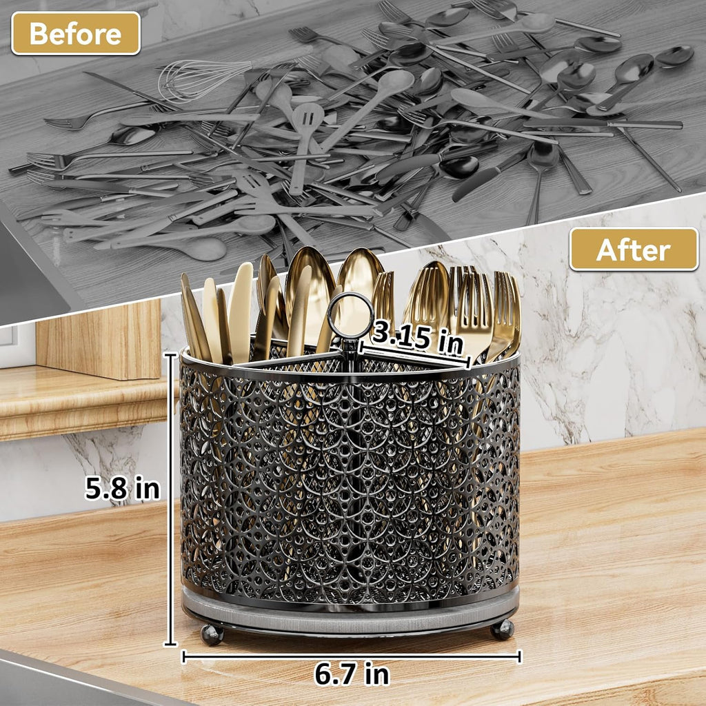 OVICAR 360° Rotating Utensil Holder Caddy - Fast-Drying Silverware Flatware Organizer - 4 Compartment Large Cutlery Holder with Handle For Kitchen Countertop Party Office Picnic Table Black