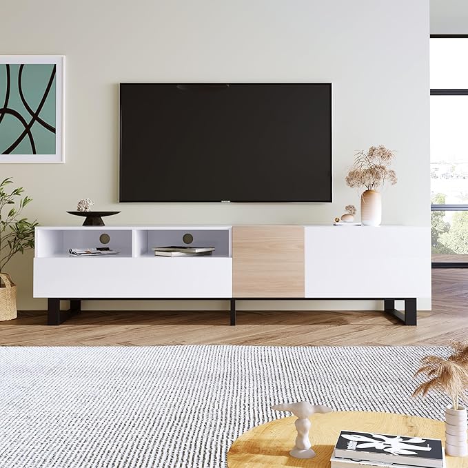 Bellemave TV Stand for TVs up to 80", Modern Entertainment Center with Cabinets, Drawers & Open Shelves, Wooden Media Console with Storage for Living Room, Bedroom & Home Theatre (White)