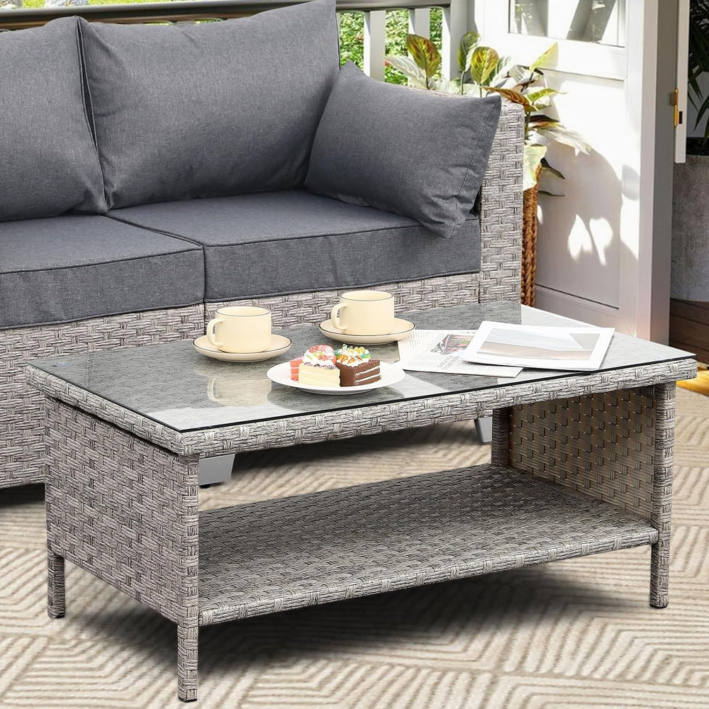Rattaner Patio Coffee Table Outdoor Furniture Wicker Table 2-Layer Storage wi...
