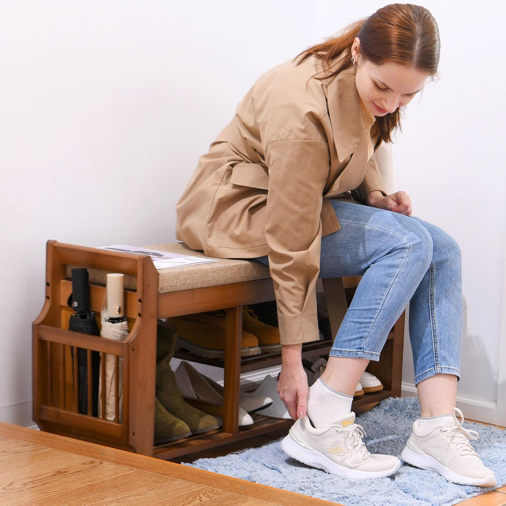 PETKABOO Shoe Bench with Hidden Drawer and Side Holder, 2 Tier Entryway Bench...