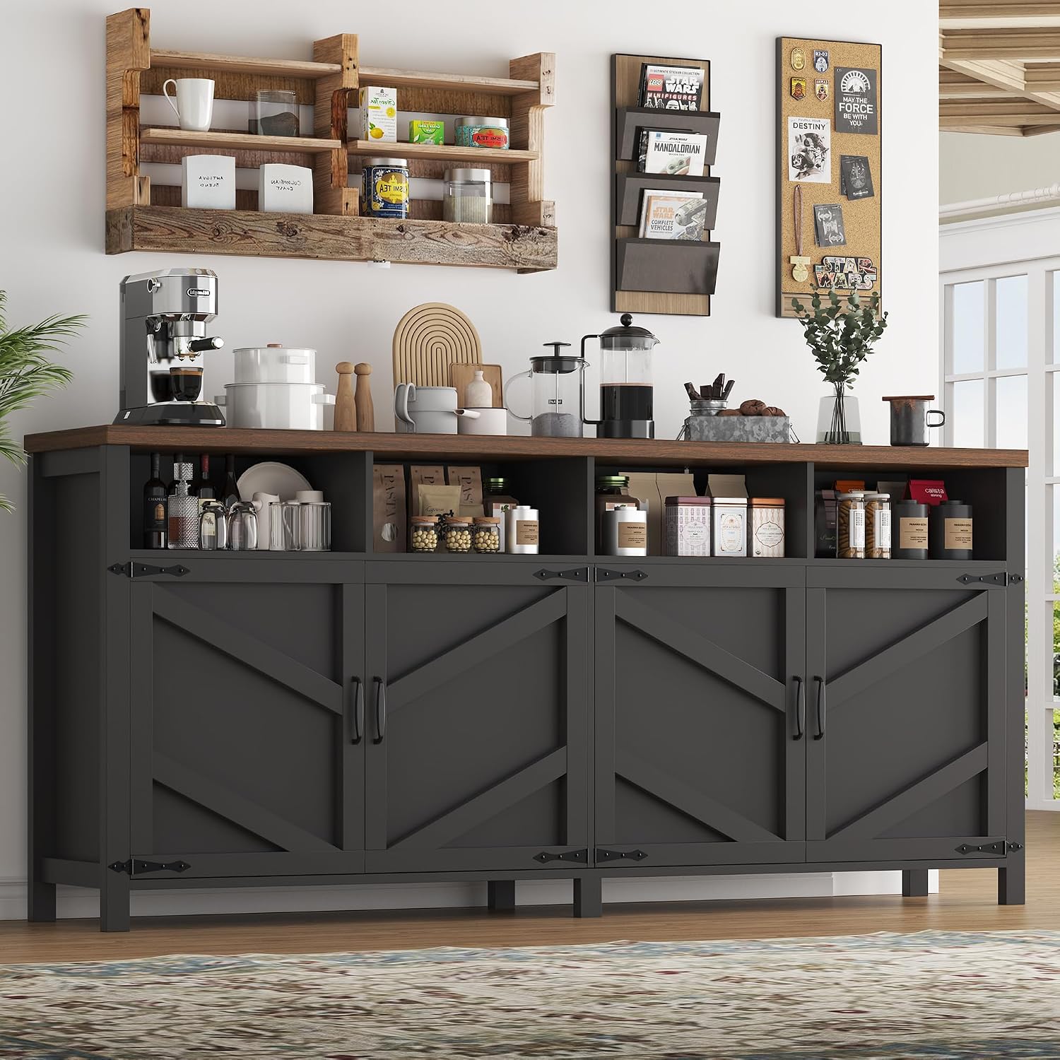 knoworld Buffet Sideboard with Storage, 63'' Large Kitchen Storage Cabinet Wood Coffee Bar Cabinet Buffet Table 4 Doors with Shelves for Kitchen, Dining Room, Entryway, Black, 63in