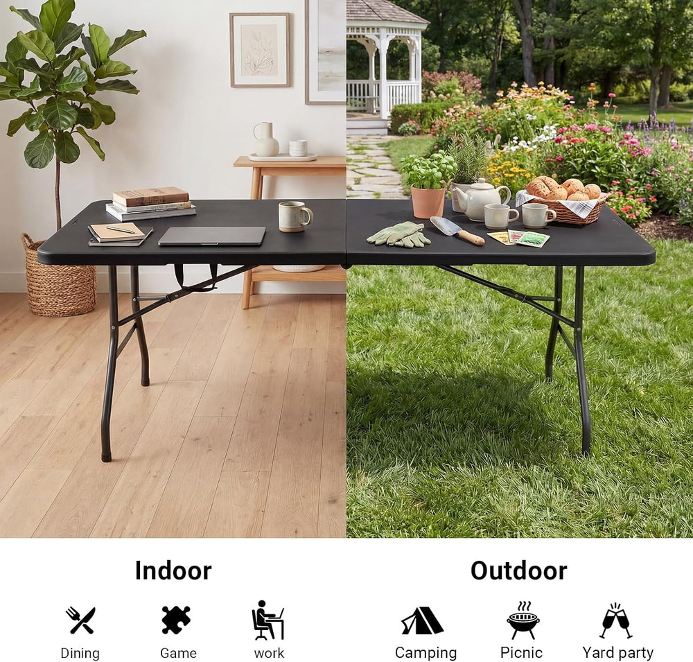 6ft Folding Table, Portable Heavy Duty Plastic Table for Party, Black | Fold-...