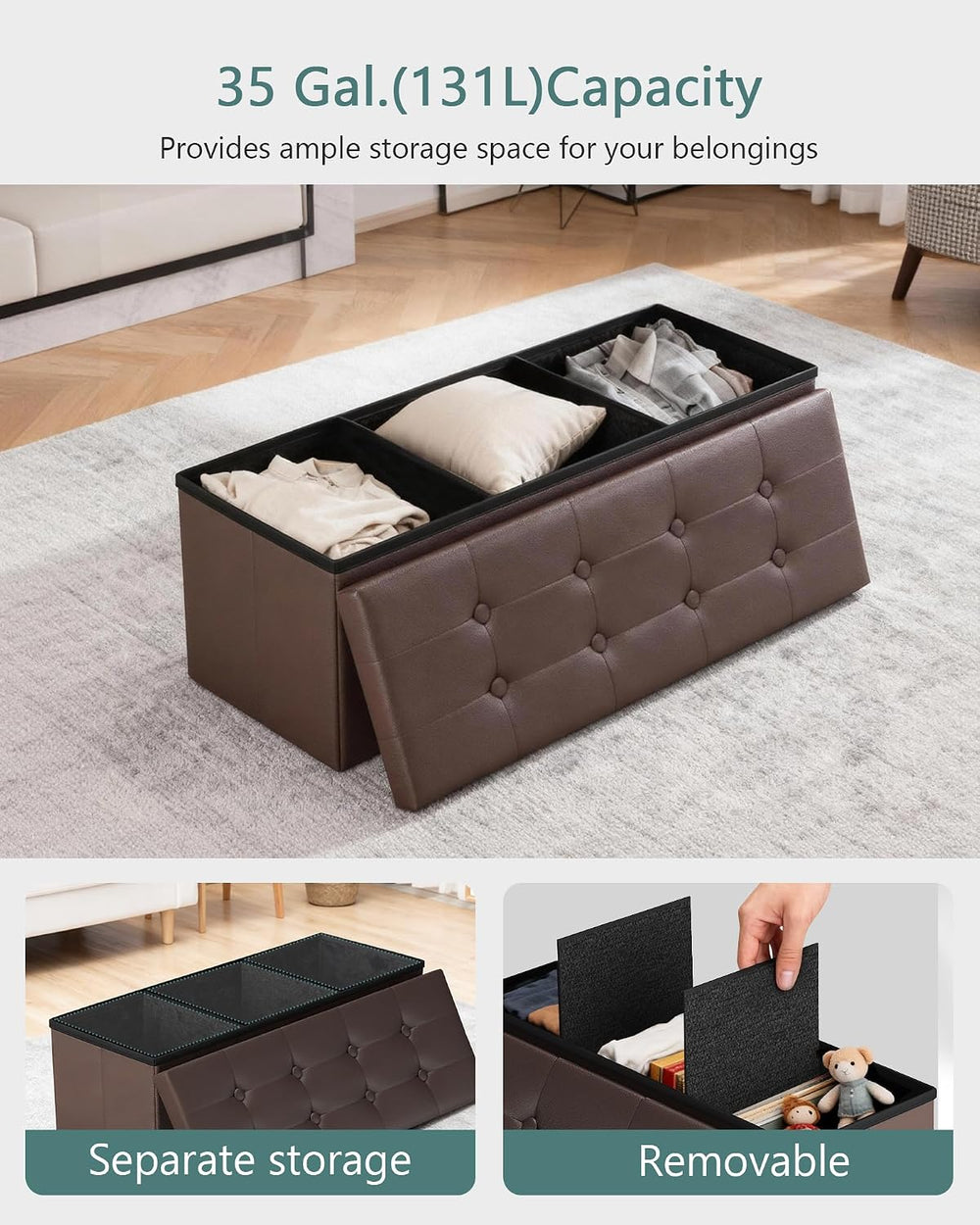 LITZFUR 43" Storage Ottoman Bench, Folding Faux Leather Chest, Brown | S...