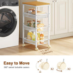 Hoctieon Rolling Storage Cart, 4-Tier Wide Panel Rolling Kitchen Storage Cart, Utility Cart with Handle & Wheels, Mobile Shelving Unit, Metal Frame Narrow Cart for Home Kitchen, Laundry, Oak Beige