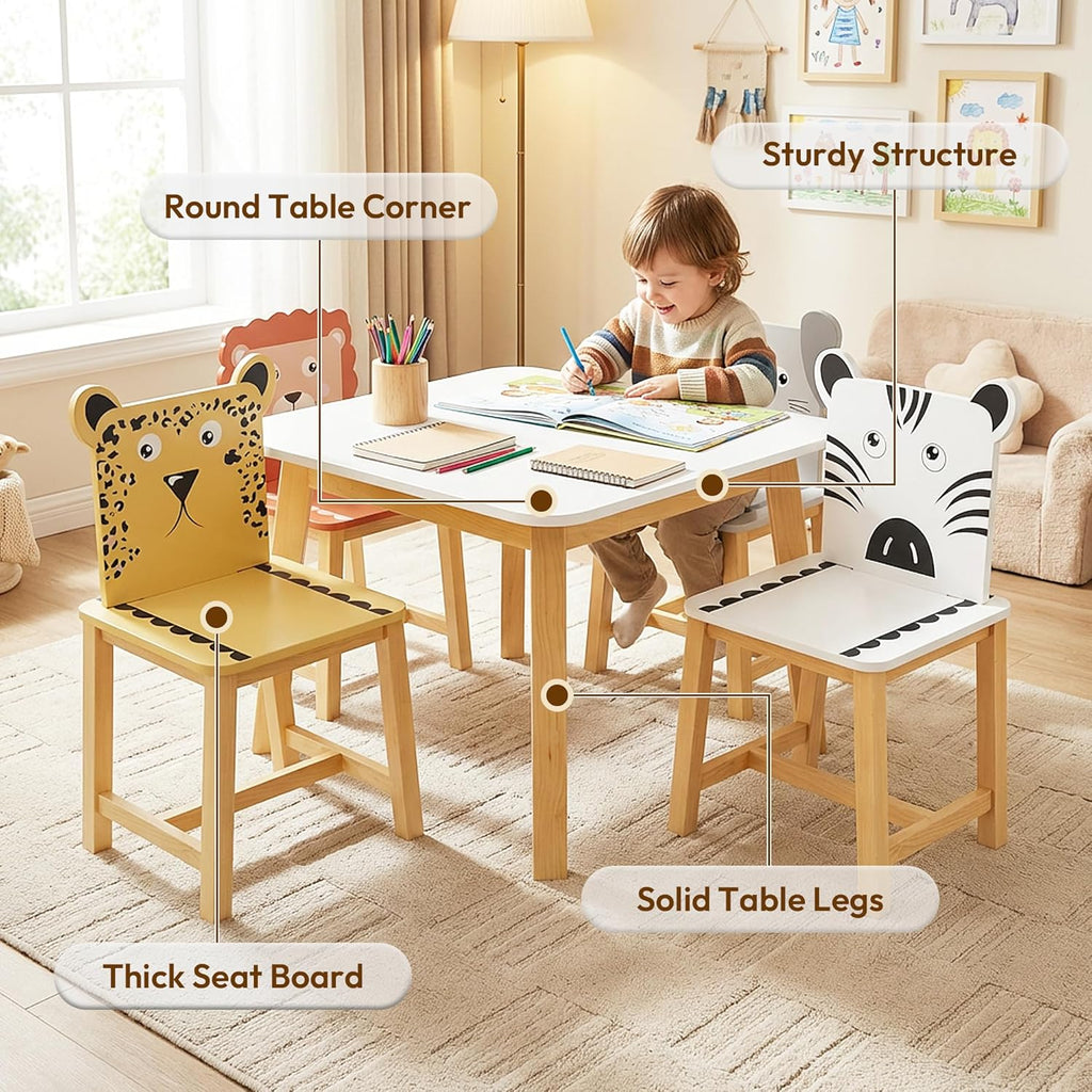Kids Table and 4 Chairs, Wooden Stable Table and Chair Set (Elephant&Leopard&Lion&Zebra), Ideal for Arts & Crafts, Snack Time, Homeschooling, Homework & More