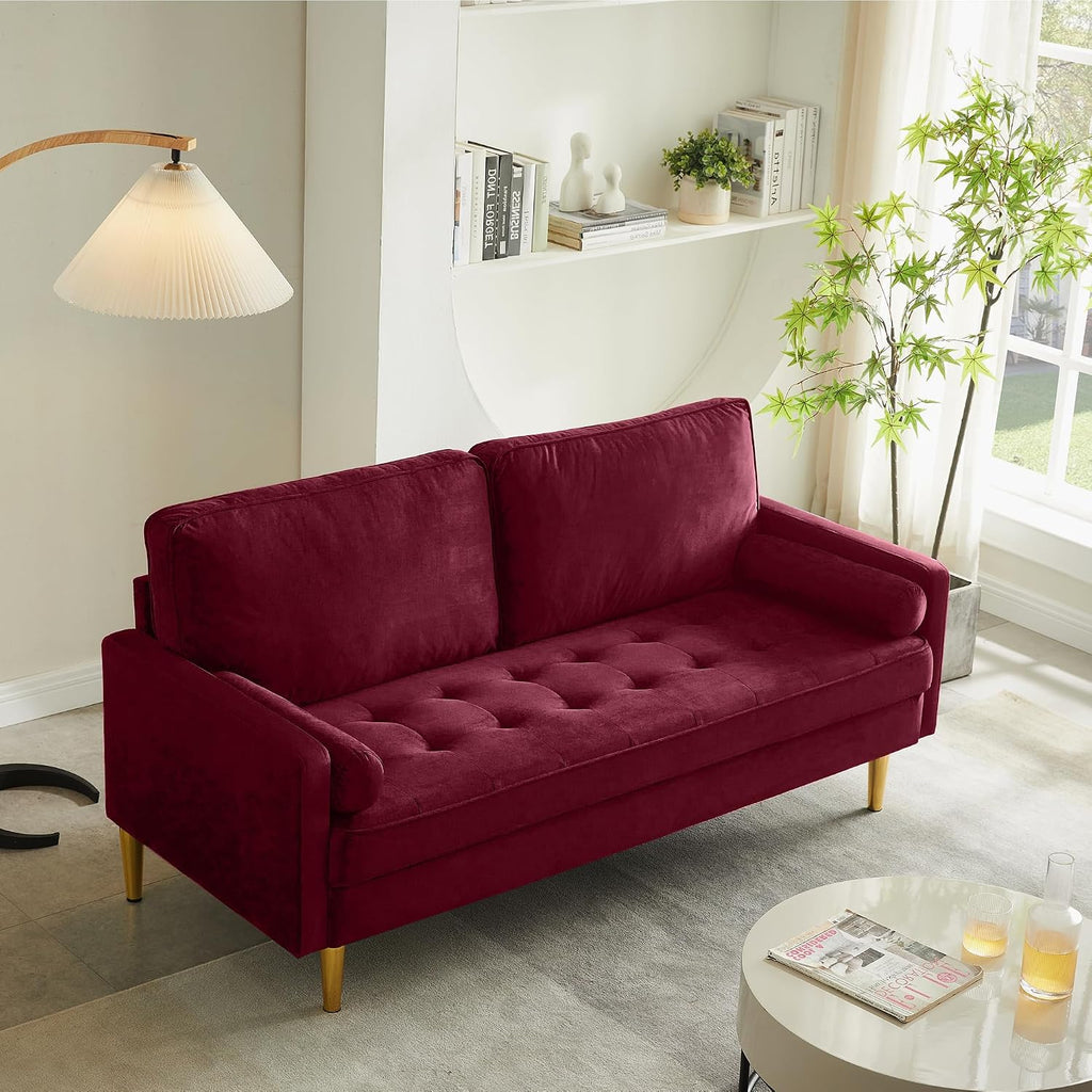 Velvet Loveseat Sofa,Mid Century Modern Small Love Seats Furniture Comfy Couch for Living Room, Upholstered 2 Seater Sofa for Small Apartment (Burgudy, 66.9 Inch)