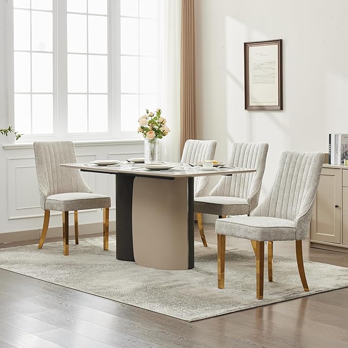 Beige Mid Century Dining Chairs Set of 2, Modern Kitchen & Dining Room Chairs Set of 2, Chenille Fabric Upholstered Kitchen Chairs, Sillas de Comedor, Gold Legs (Beige, 2 Pcs)