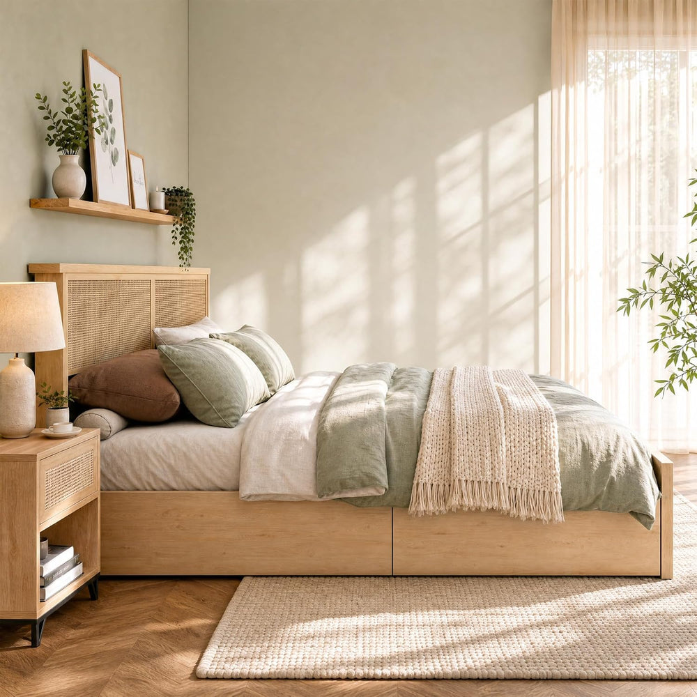 Yechen King Bed Frame with Natural Rattan Headboard and Wooden 4 Storage Draw...