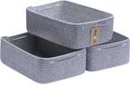 Large Shallow Organizing Baskets 15x11x5.1 Inches - Rope Woven Storage Bins for Bathroom, Shelves, Cube Closet, Mixed Grey 3 Packs