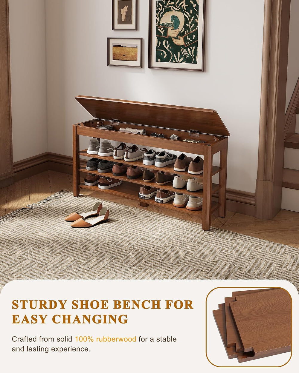 IUNVR Shoe Rack Bench Seat Rubberwood 3-Tier Wooden Storage Bench 550lbs Comp...