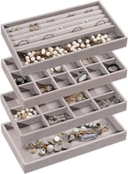Frebeauty Jewelry Organizer Tray,Stackable Velvet Jewelry Trays,Drawer Inserts Earring Organizer For Women Jewelry Storage Display Case for Rings Stud Necklaces,Set of 4(Grey)