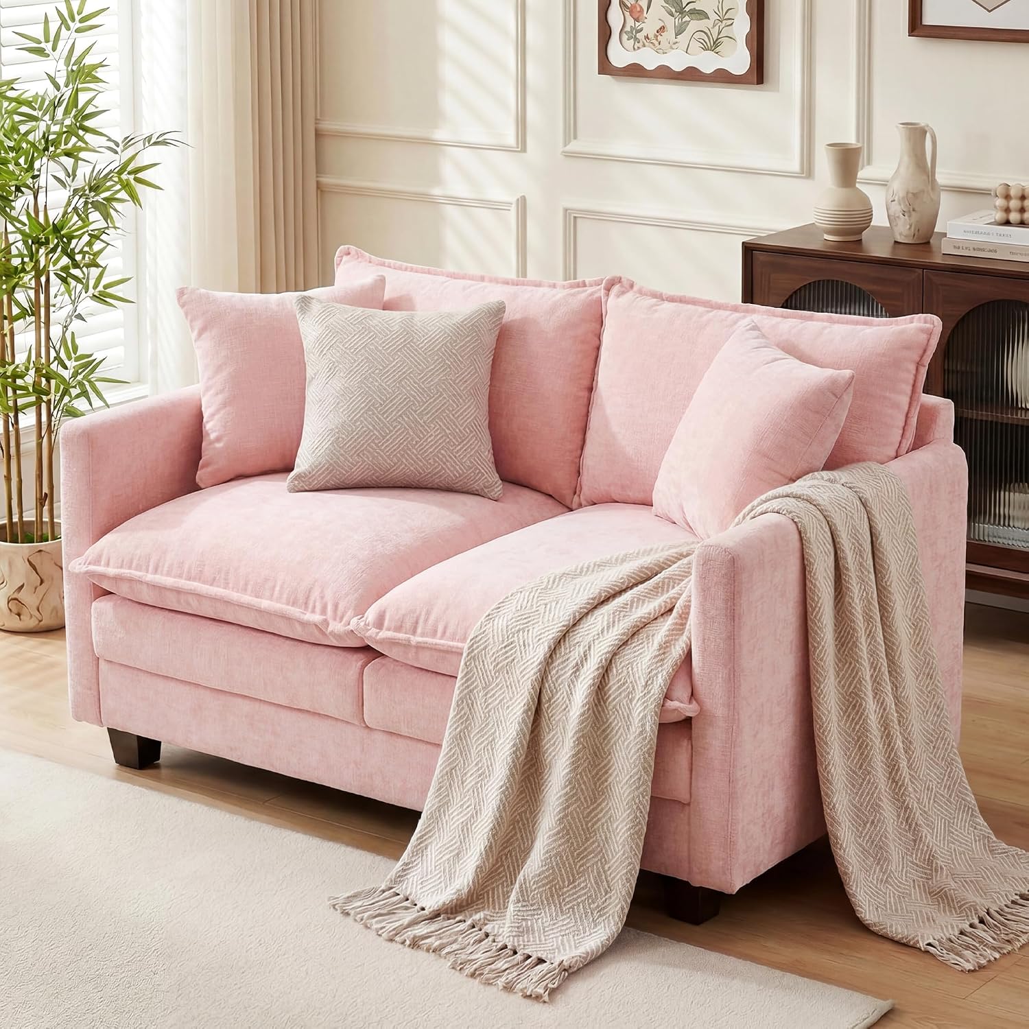 Loveseat Sofa Couch, Small Mini Compact 50" Love Seat 27" Deep Cloud Sofa Seat Washable Chenille Pillow for Apartment Bedroom Dorm Attic Studio Office Living Room Small Space 50-Pink