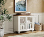 WAMPAT TV Stand for 75 Inch TV, Wood TV Cabinet Entertainment Center Television Stands for Living Room, 2-in-1 Sideboard Buffet Cabinet with Glass Door & Drawer for Kitchen, Off White