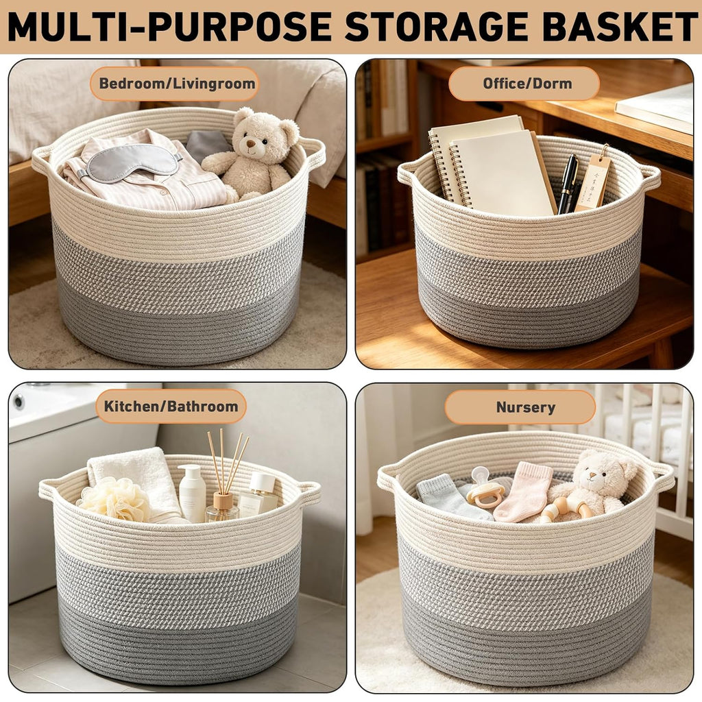 90L Extra Large Blanket Basket,Woven Rope Laundry Basket-Grey | Collapsible, reinforced handles, nursery storage bin organizes clothes, toys and pillows for living room, bedroom bathroom