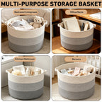 90L Extra Large Blanket Basket,Woven Rope Laundry Basket-Grey | Collapsible, reinforced handles, nursery storage bin organizes clothes, toys and pillows for living room, bedroom bathroom