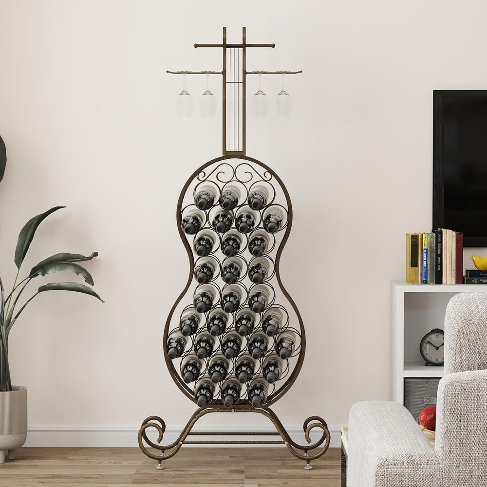 Cello Shaped Wine Rack Floor Standing, 32-Bottle Freestanding Metal Wine Towe...