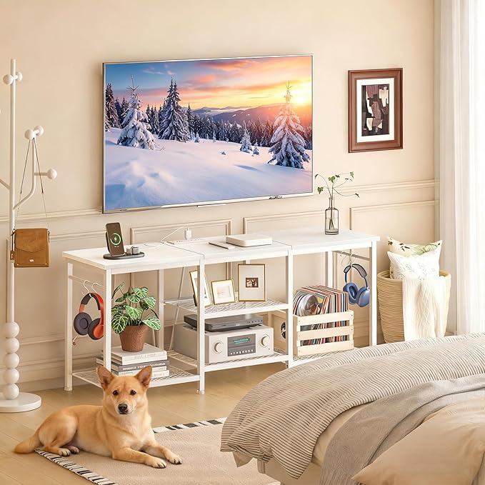 YGEOMER Entertainment Center for 55 inch TVs, TV Stand with Power Outlet and ...