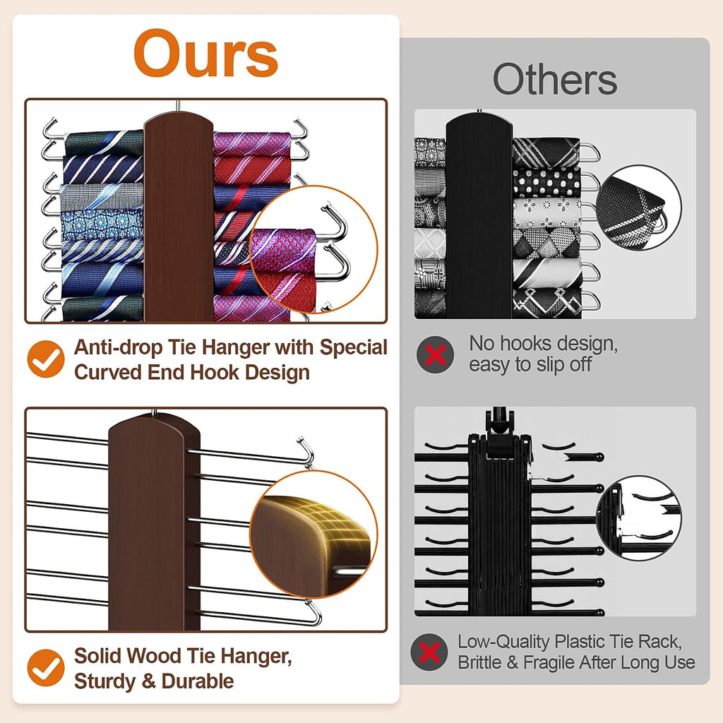 Tie Rack with 48 Hooks, Large Capacity Tie Hanger for Closet Organizers and Storage,Space Saving Wooden Necktie Hanger Ties Organizer for Men - 2 Pack