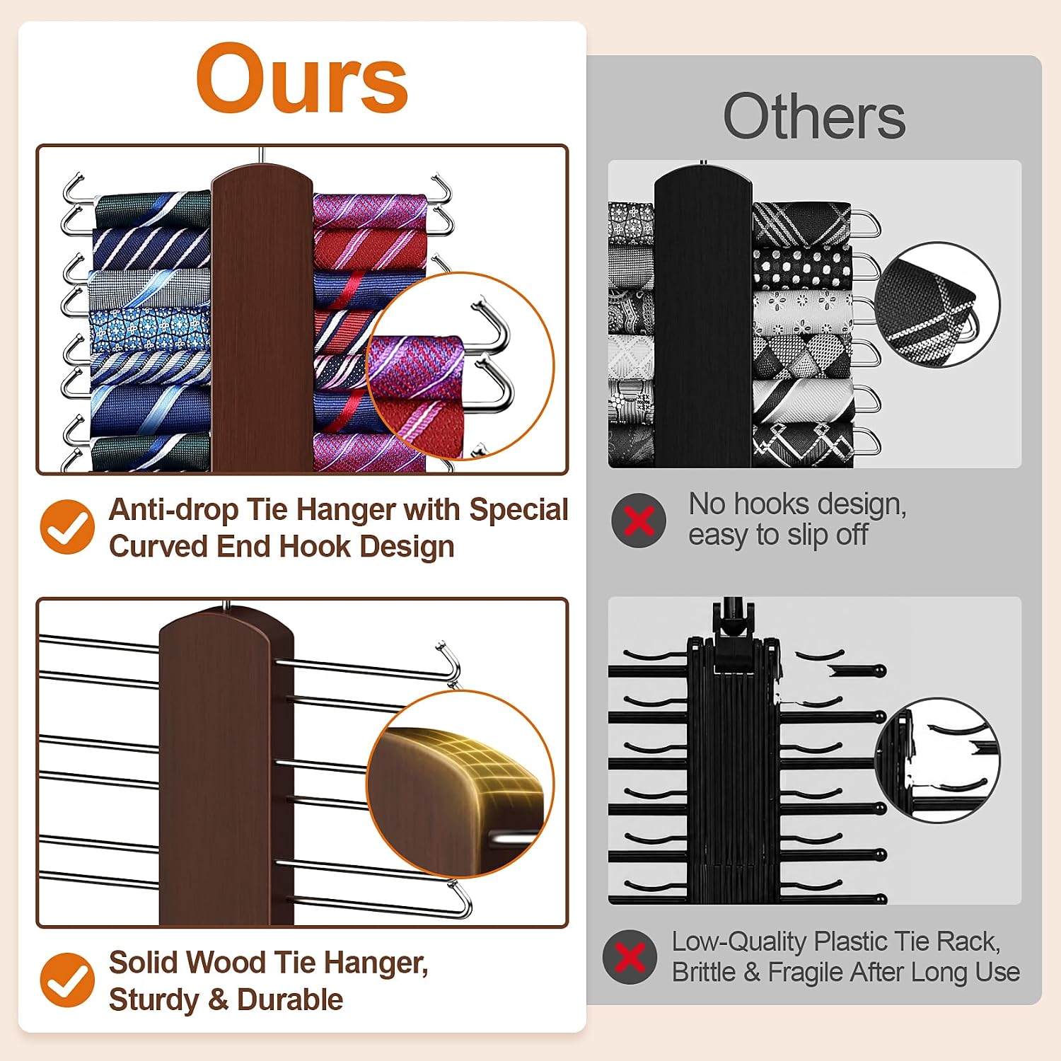 Tie Rack with 48 Hooks, Large Capacity Tie Hanger for Closet Organizers and Storage,Space Saving Wooden Necktie Hanger Ties Organizer for Men - 2 Pack