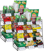 4-Tier Black Stackable Candy Display Rack, Snack Organizer For Countertop, Stores, Offices with 24 Signs and 60 Labels (Black-2 Pack)