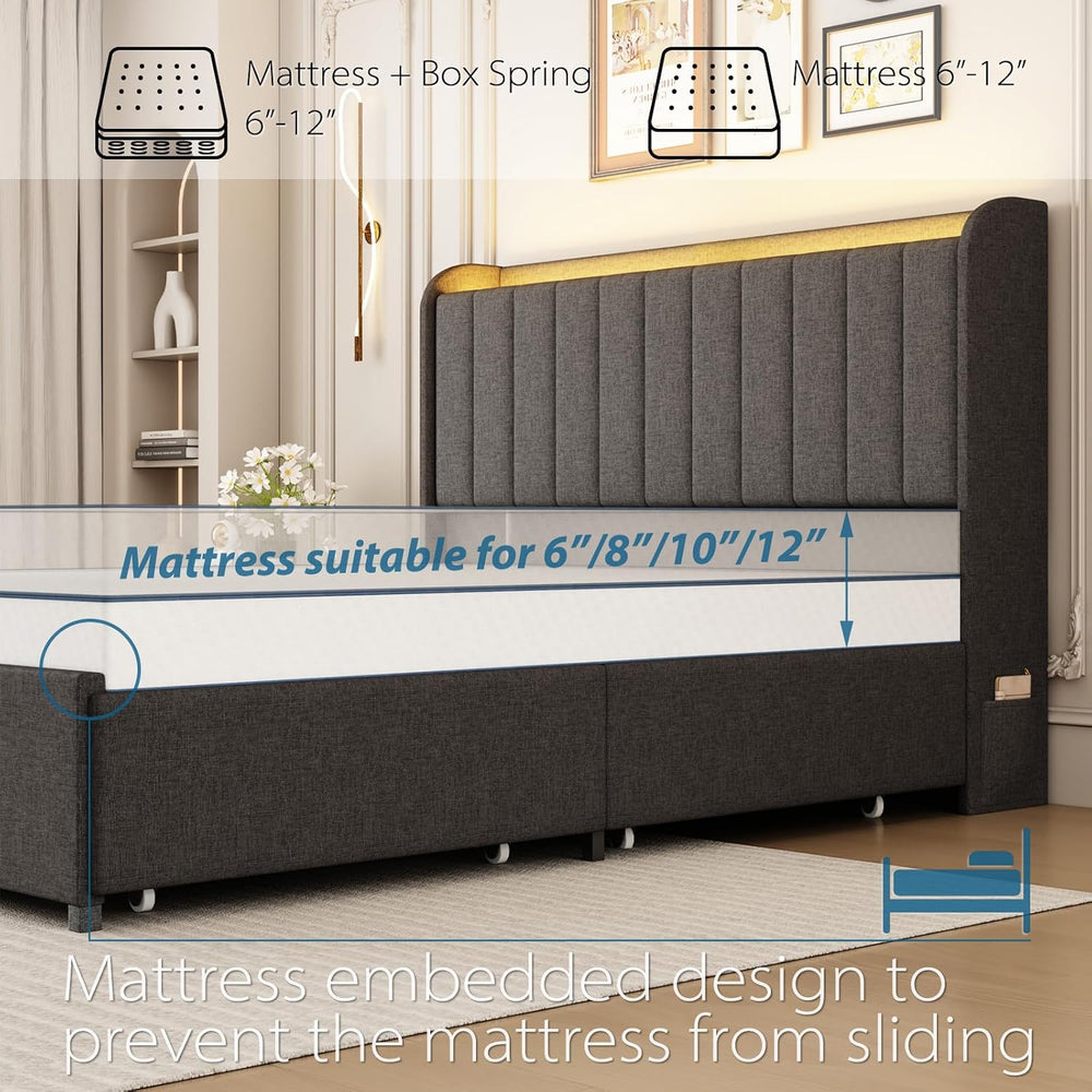 Queen Bed Frame with 4 Storage Drawers, LED Bed Frame with Charging Station, ...